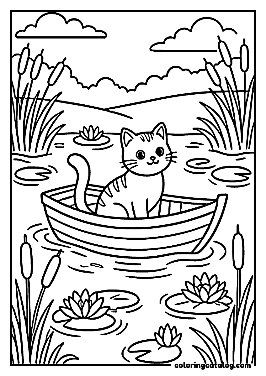 Printable coloring page: A cat sits in a boat on a pond, surrounded by lily pads and cattails