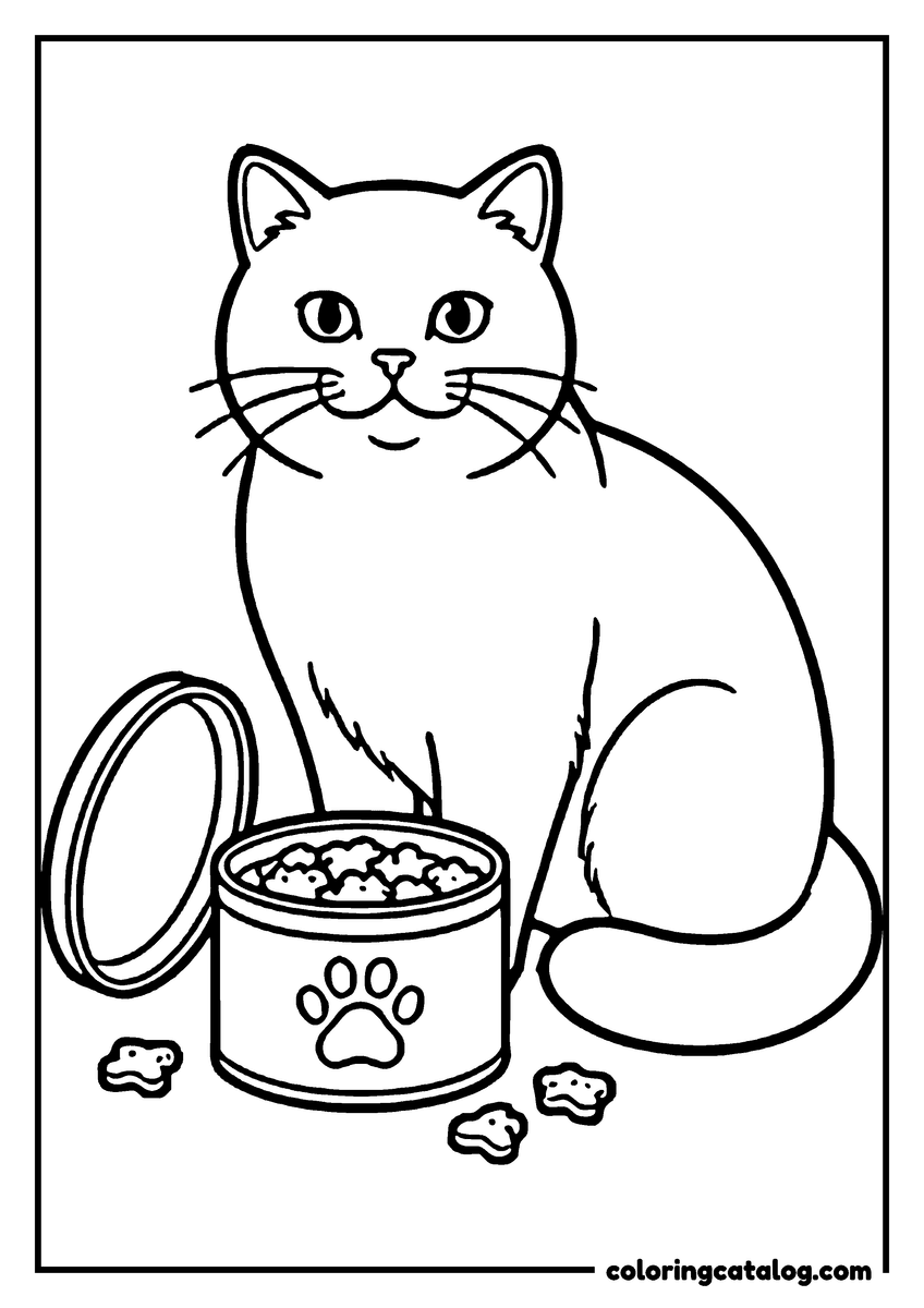 Coloring page: A cat sits next to a can of cat food, with paw prints and scattered treats around
