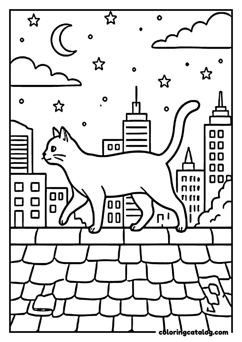 Printable coloring page: A cat sits on a rooftop, overlooking a city skyline at night