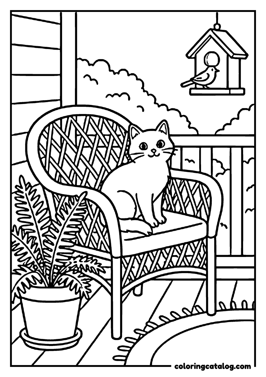 Coloring page: A cat sits on a wicker chair, looking at a bird in a birdhouse