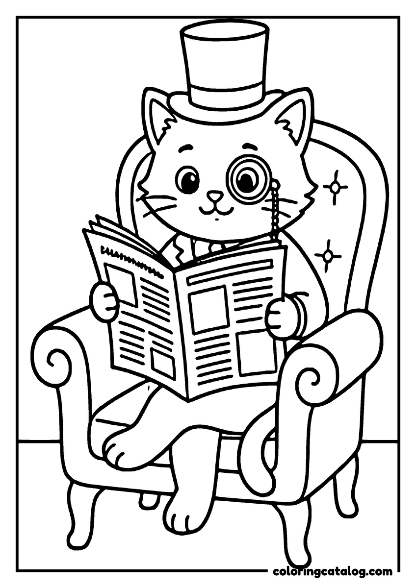 Coloring page: A cat wearing a top hat and reading a newspaper sits comfortably in an armchair