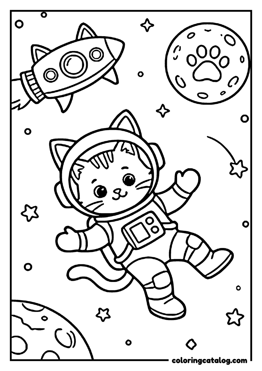 Coloring page: A cute cat astronaut floats in space, surrounded by stars, planets, and a rocket ship