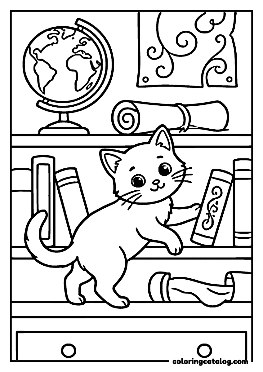 Free printable coloring sheet: A cute cat is standing on a bookshelf, holding a book, with a globe and a scroll on the shelf behind it