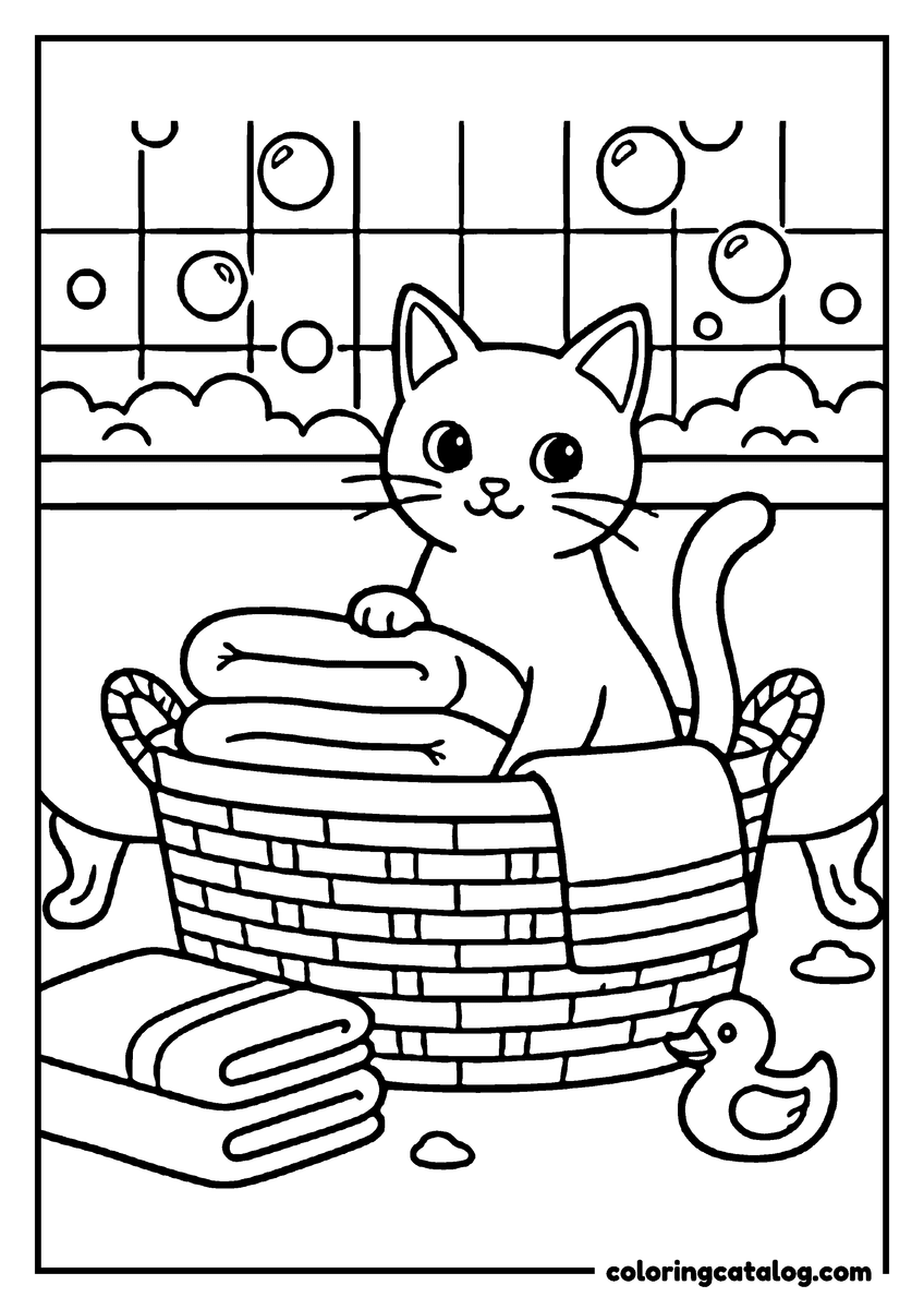 Coloring page: A cute cat is taking a bath in a bathtub, surrounded by bubbles and towels