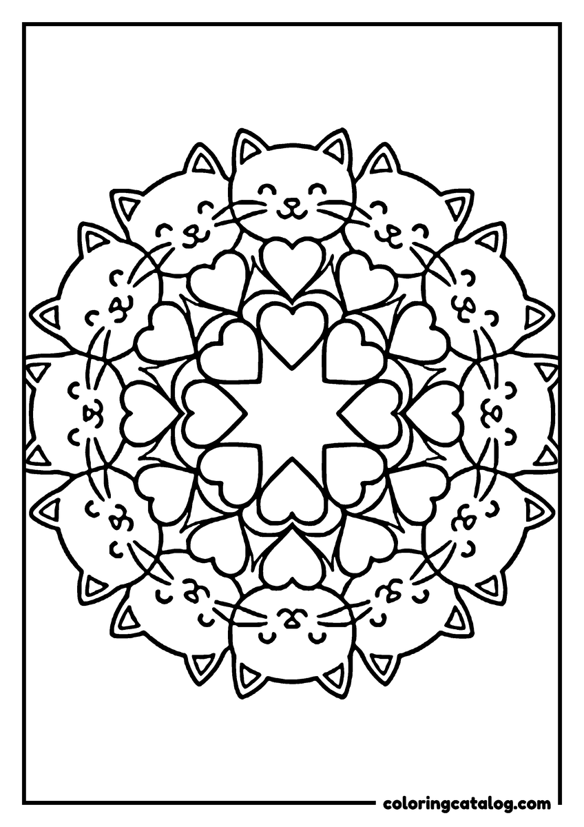 Coloring page: A cute cat mandala with heart shapes and smiling faces