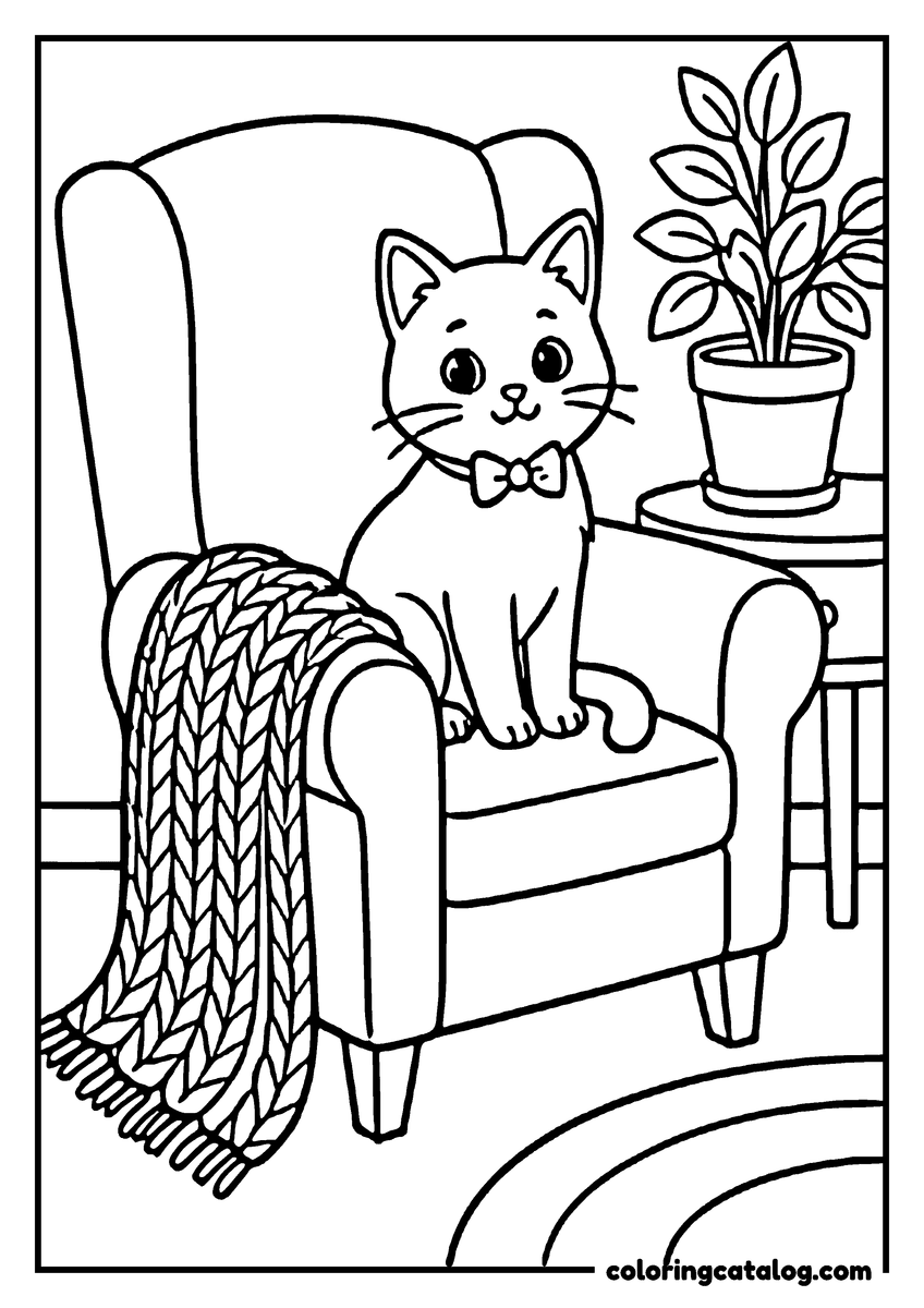 Coloring page: A cute cat sits on a cozy armchair, wearing a bow tie, with a soft blanket and a potted plant nearby
