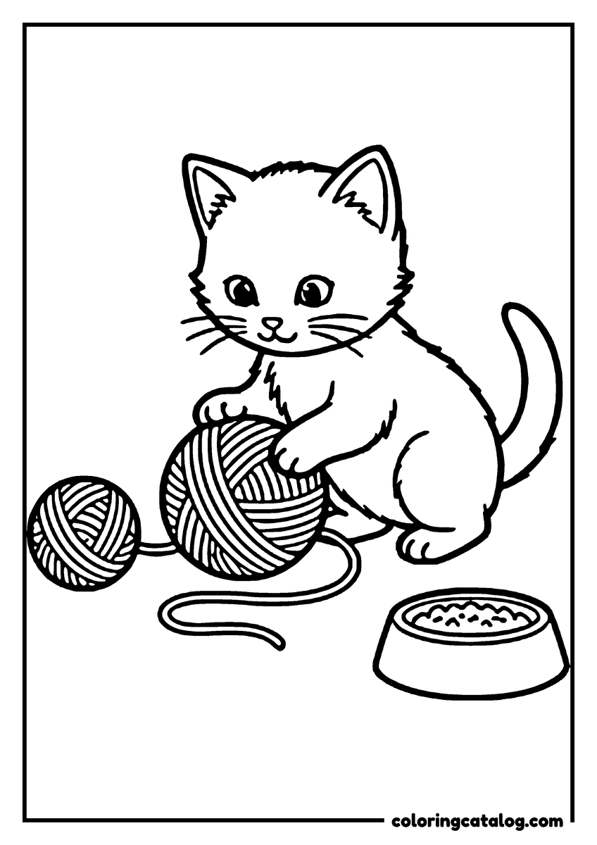 Printable Cat coloring page: A cute kitten is playing with a ball of yarn, sitting next to a food bowl