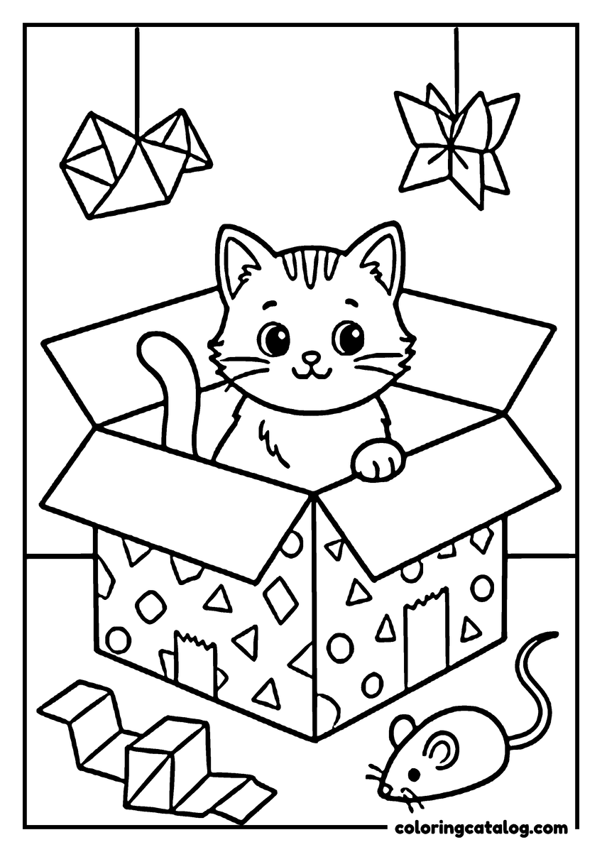 Cat coloring page: A cute kitten sits in a decorated box, surrounded by origami decorations and a toy mouse