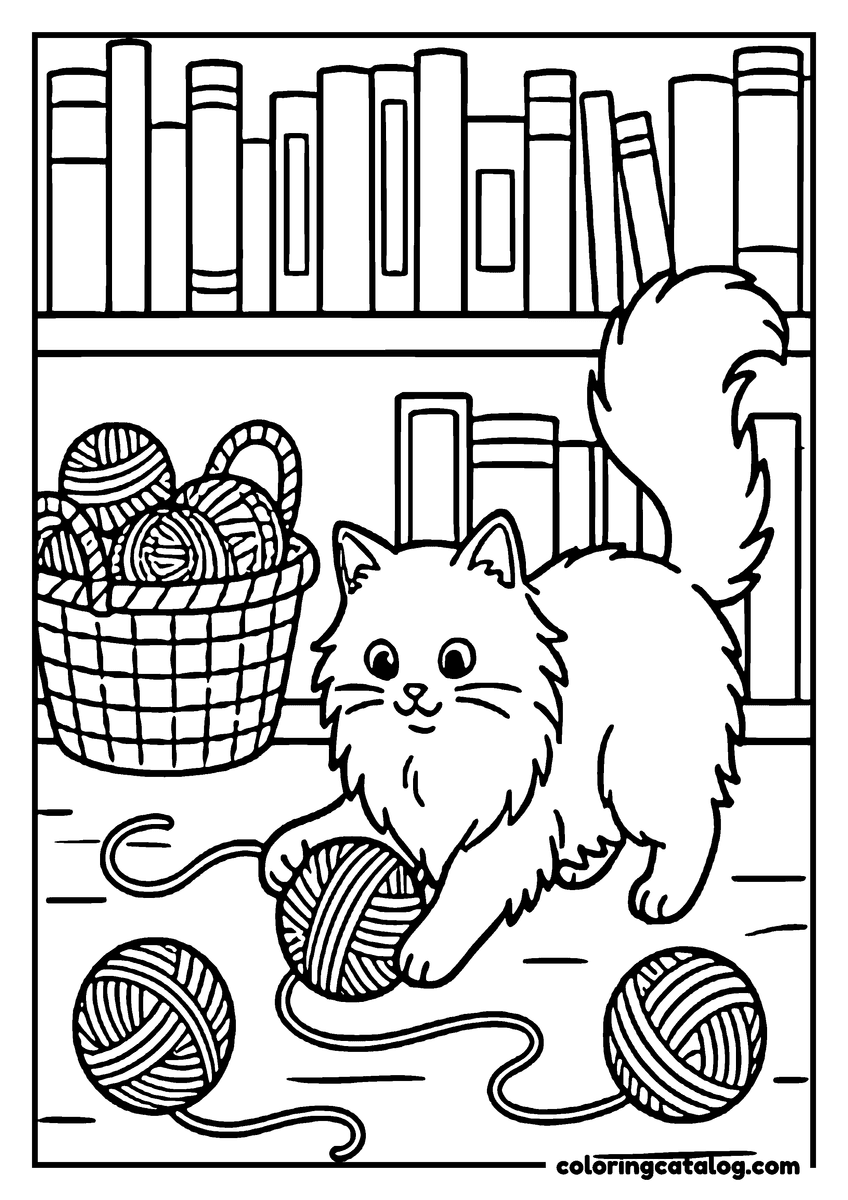 Free printable coloring sheet: A fluffy cat is playing with yarn balls in a cozy room with a bookshelf