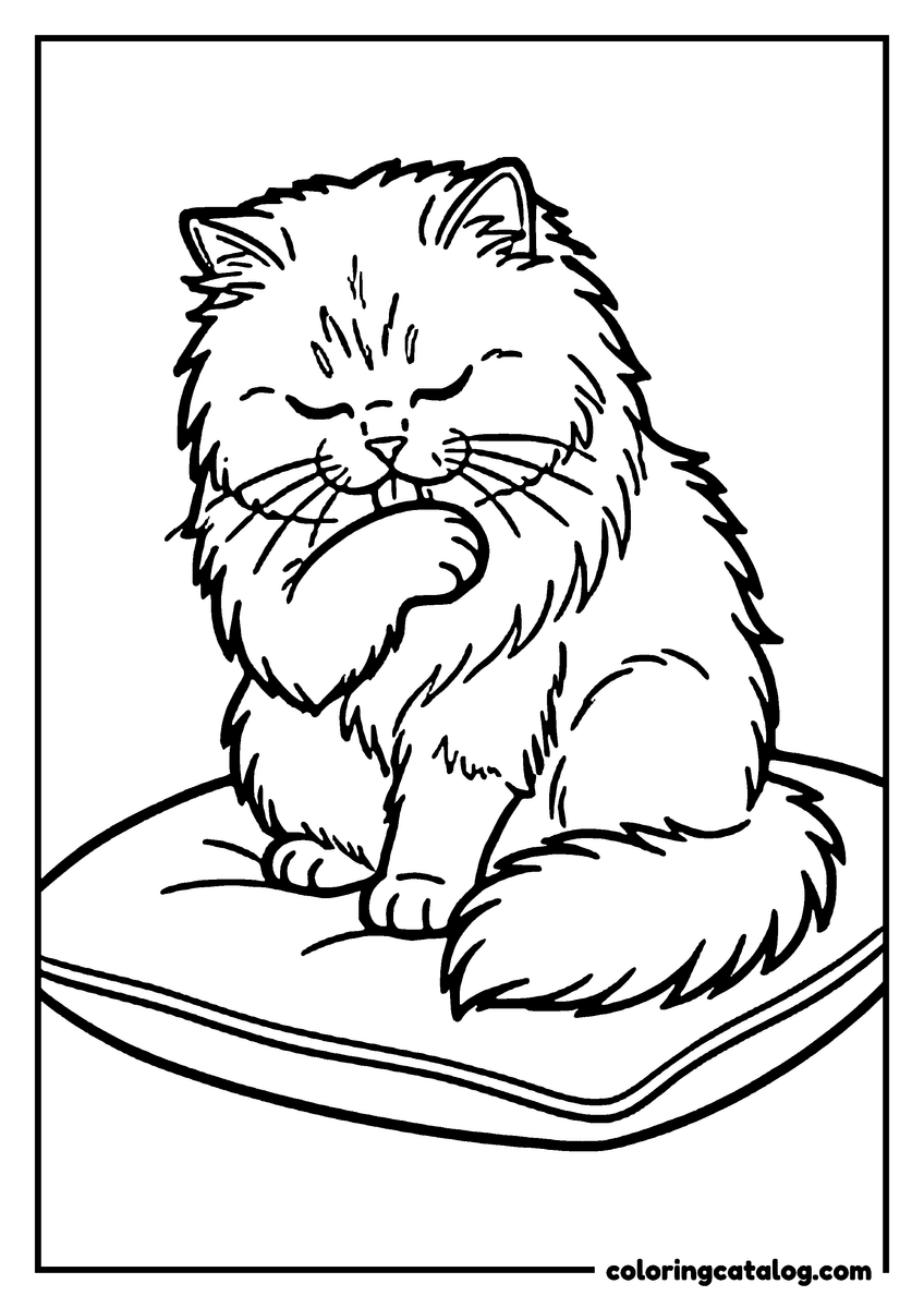 Coloring page: A fluffy cat is sitting on a cushion, licking its paw, with a soft, cozy background