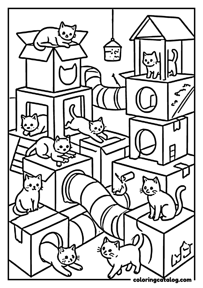 Coloring page: A group of cats playing in a cat play area filled with boxes, tunnels, and toys