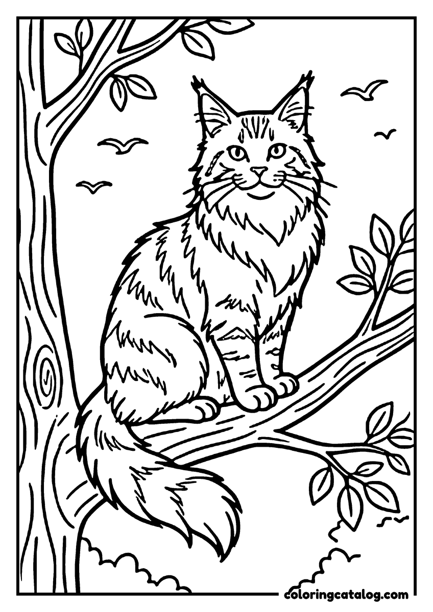 Coloring page: Maine Coon cat sits on a tree branch, surrounded by leaves and flying birds