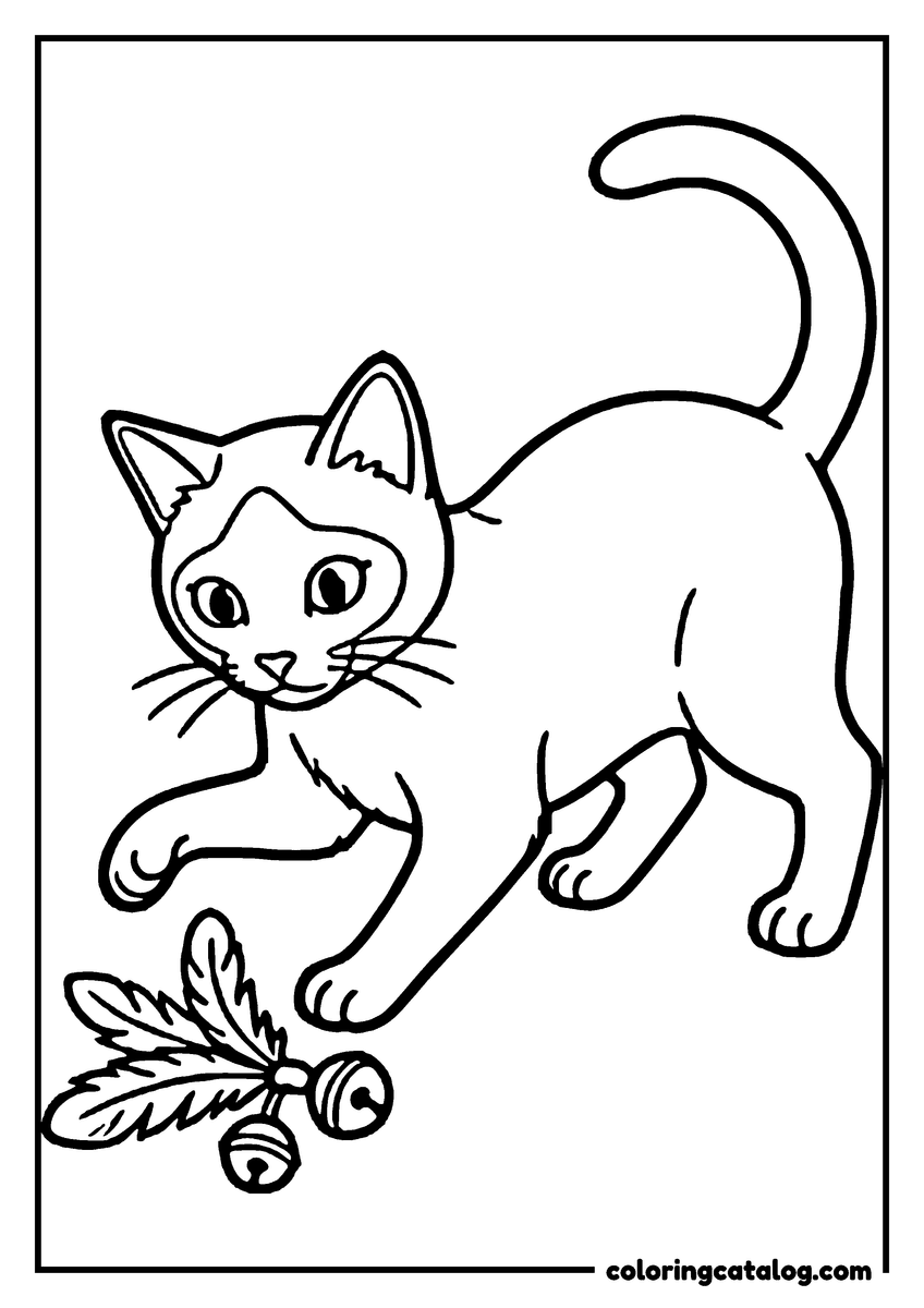 Free Cat coloring sheet: A playful kitten is standing next to a toy feather, ready to pounce