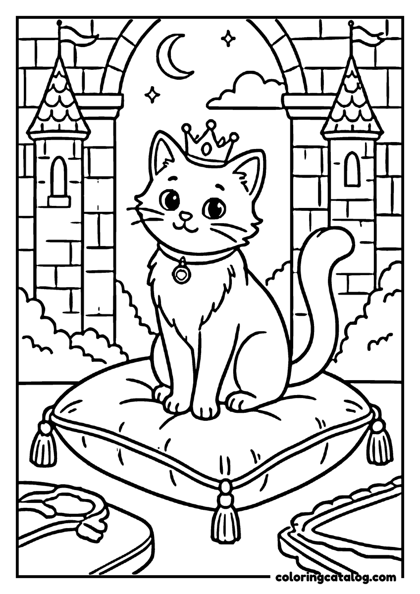 Printable coloring page: A princess cat sits on a pillow, wearing a crown, with a castle and moon in the background