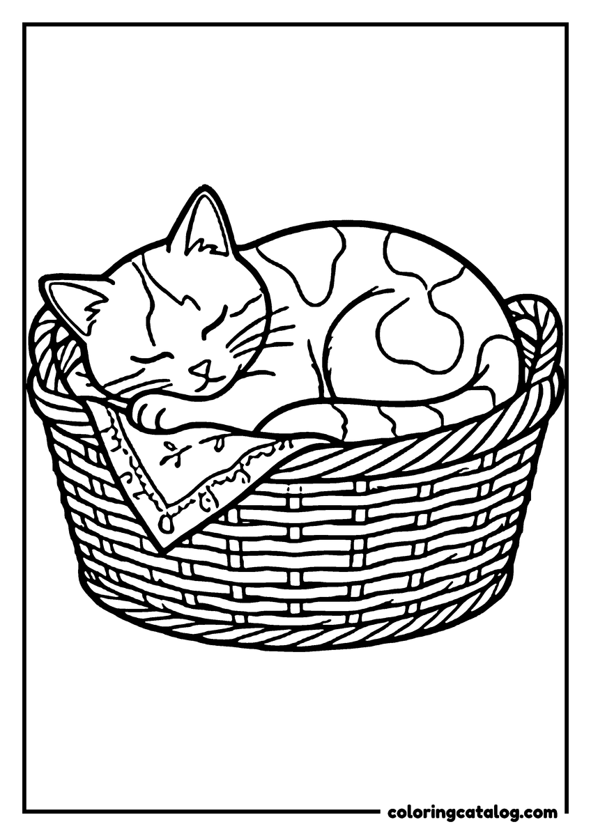 Printable coloring page: A sleeping cat in a basket, curled up on a blanket