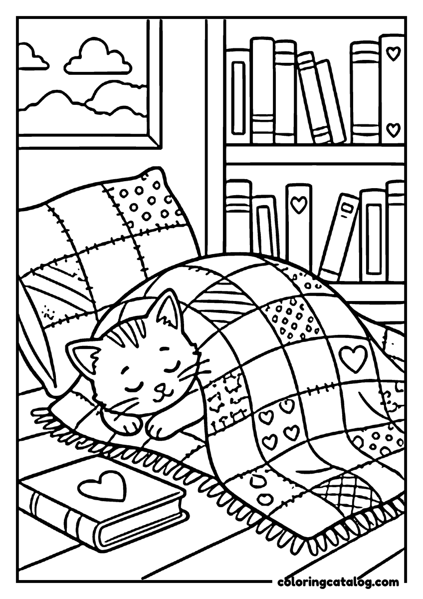 Printable coloring page: A sleeping cat is cozily nestled in a patchwork quilt, surrounded by books and a heart-shaped pillow
