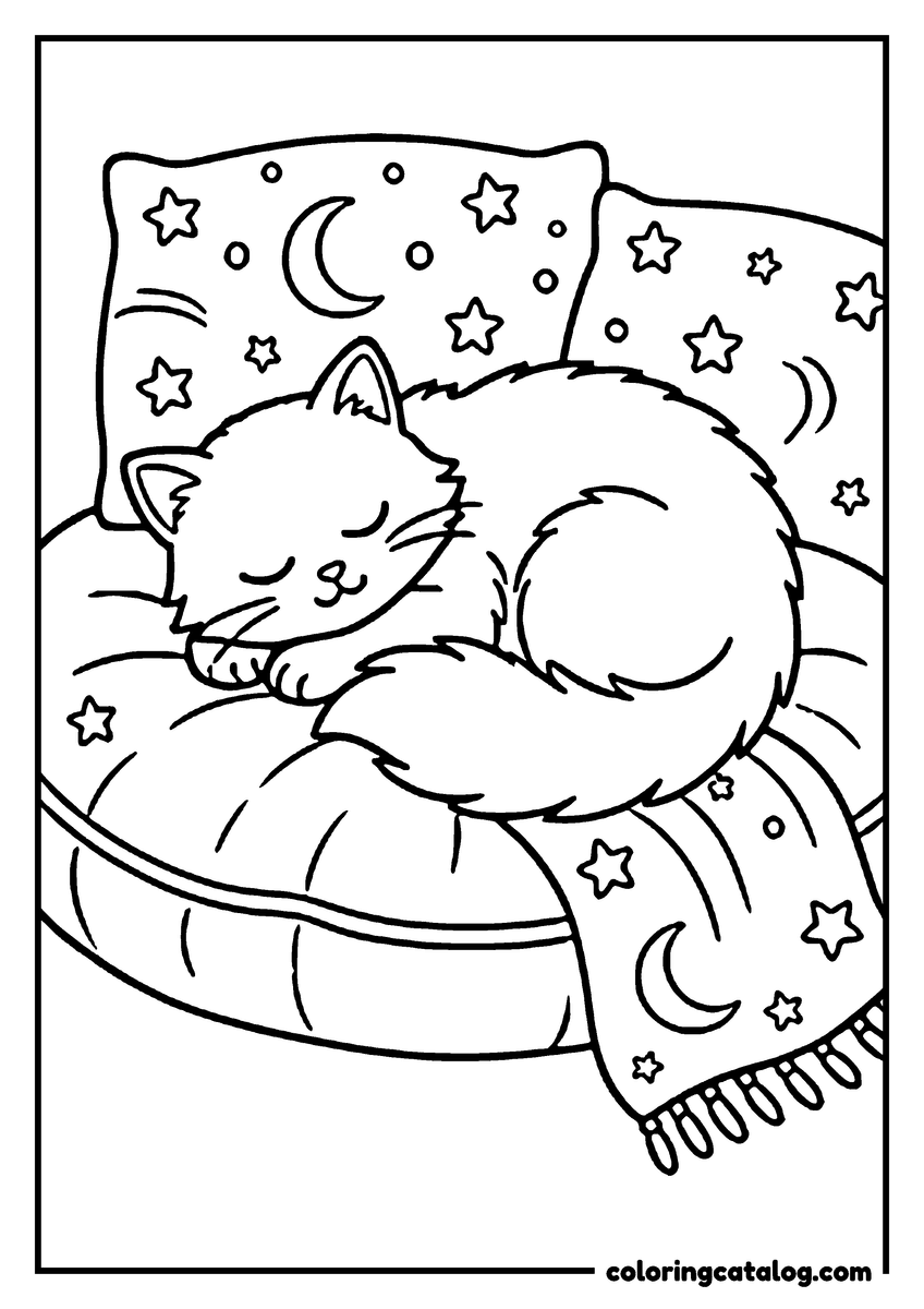 Free printable coloring sheet: A sleeping cat is curled up on a bed with stars and moons on the pillows