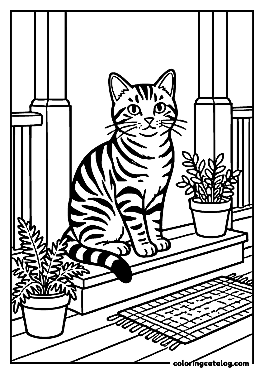 Free printable coloring sheet: A striped cat sits on a piano, surrounded by plants and a keyboard