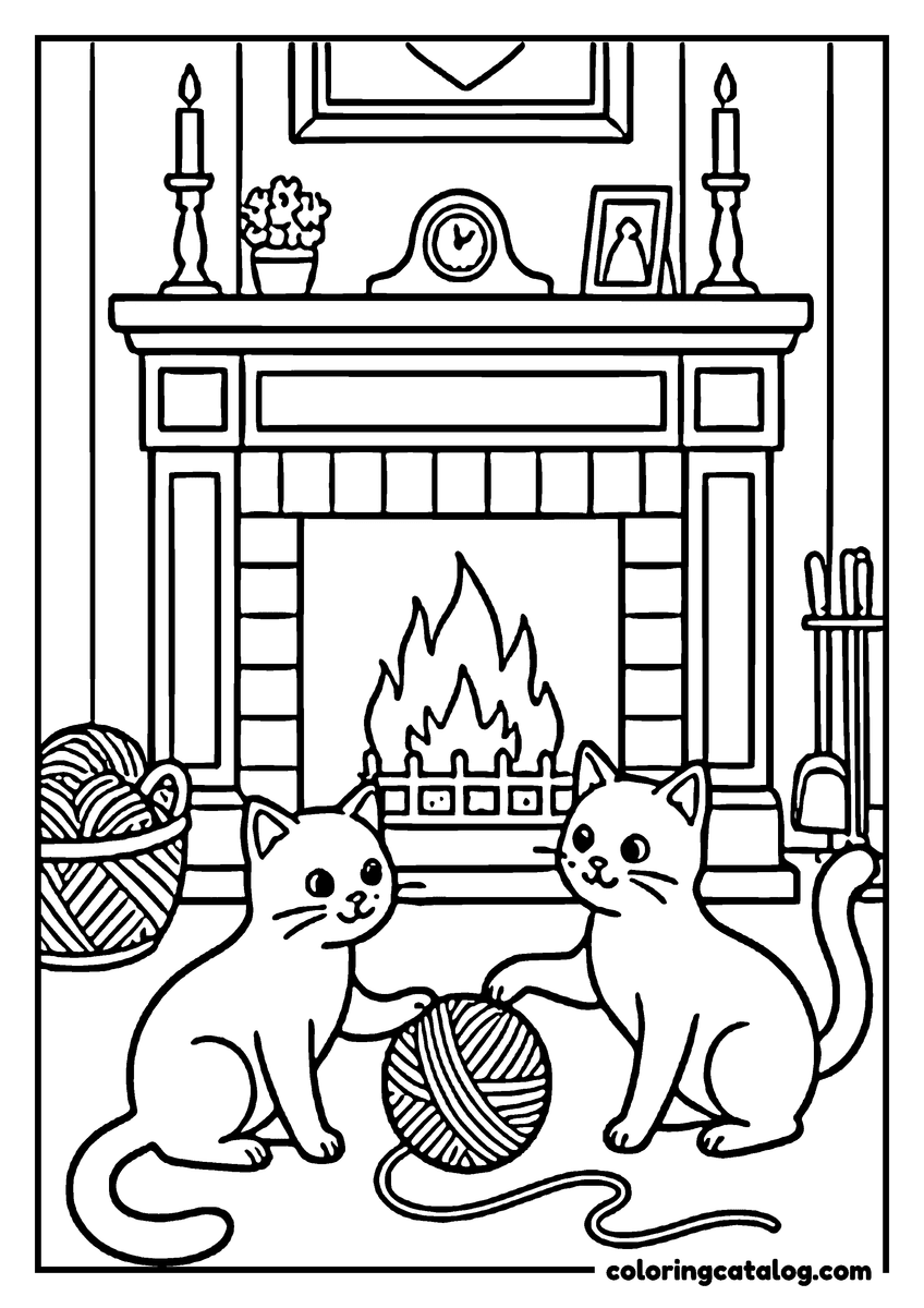 Free printable coloring sheet: Two cats play with a ball of yarn in front of a cozy fireplace