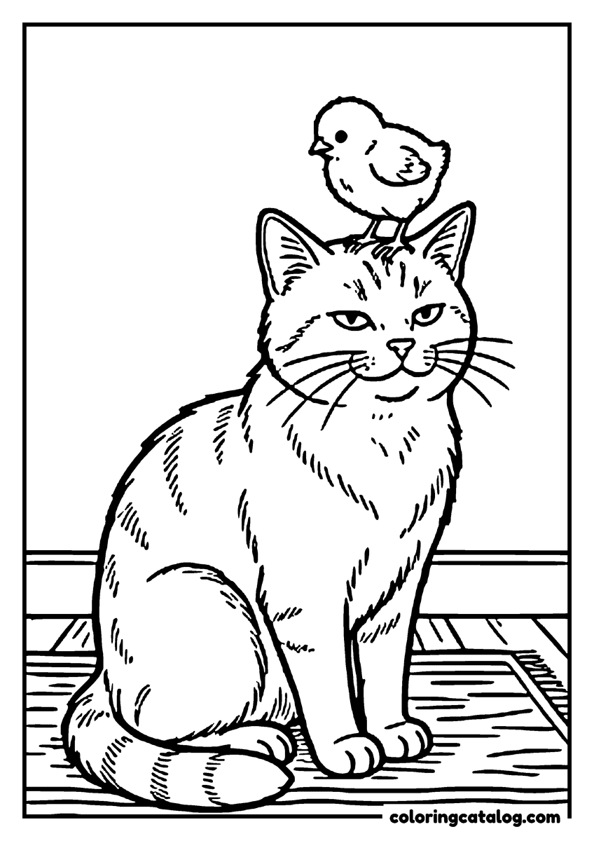 Printable Chicken coloring page: A patient cat sitting with a chick on its head