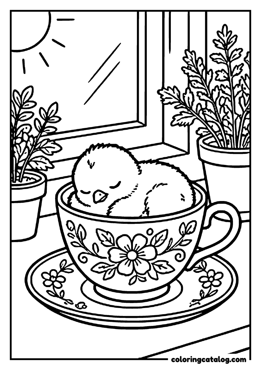 Free Chicken coloring sheet: A chick asleep in a flowered teacup on a sunny windowsill