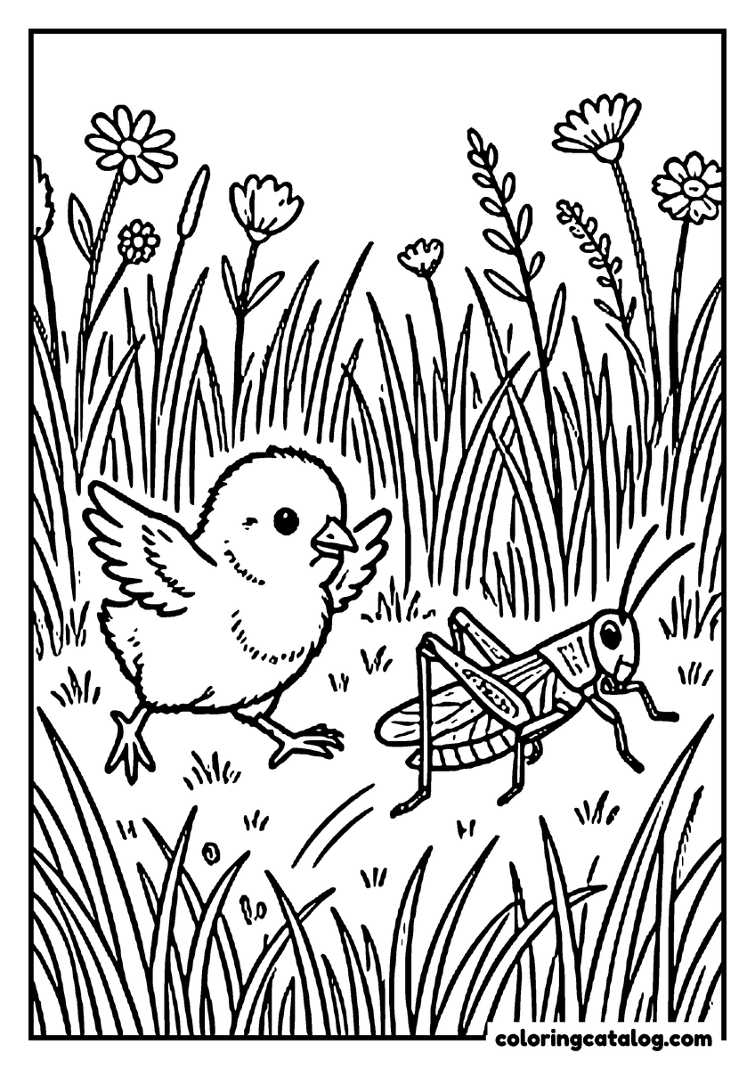 Printable Chicken coloring page: A chick chasing a grasshopper through tall grass