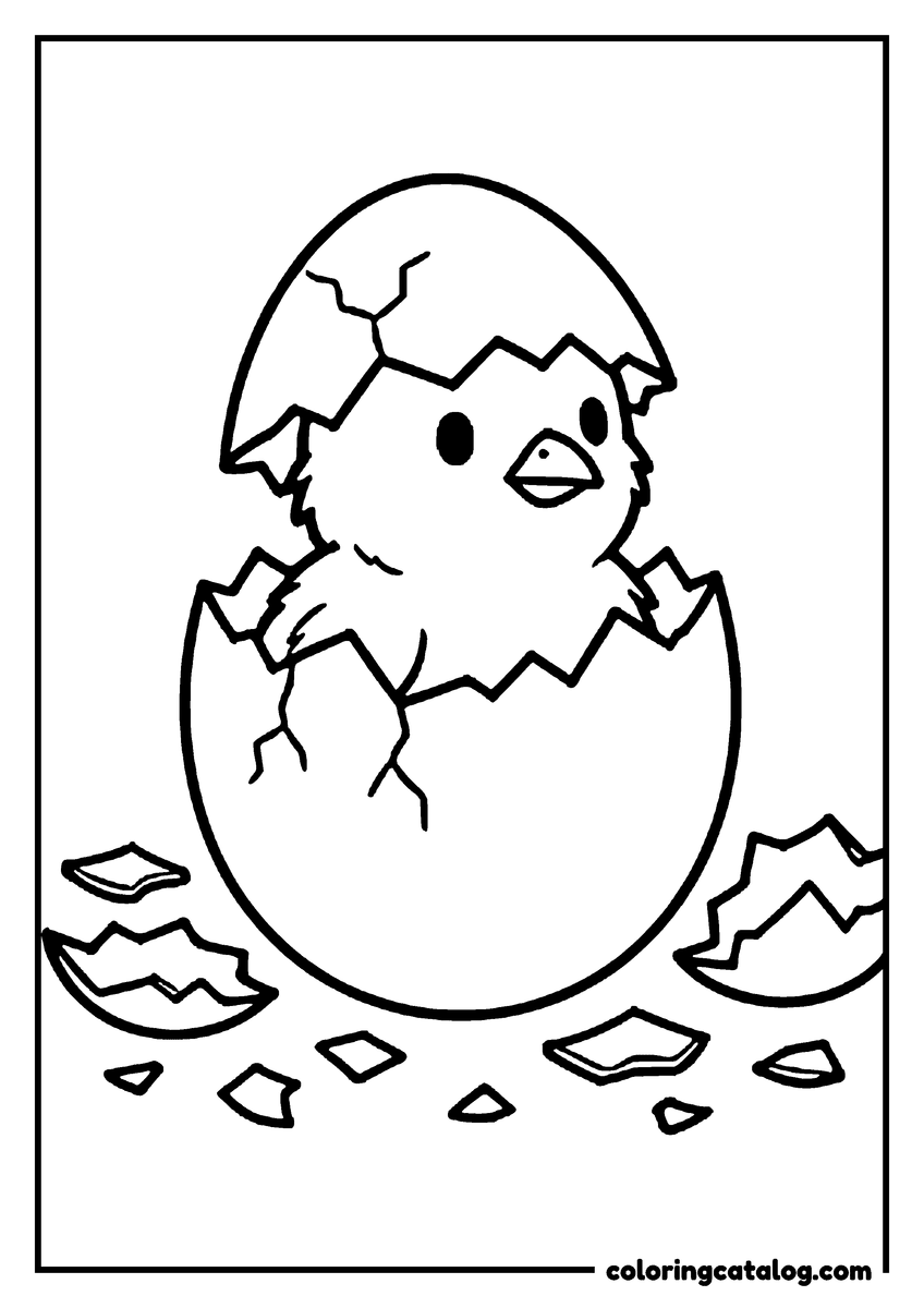 Printable Chicken coloring page: A chick hatching from a cracked egg
