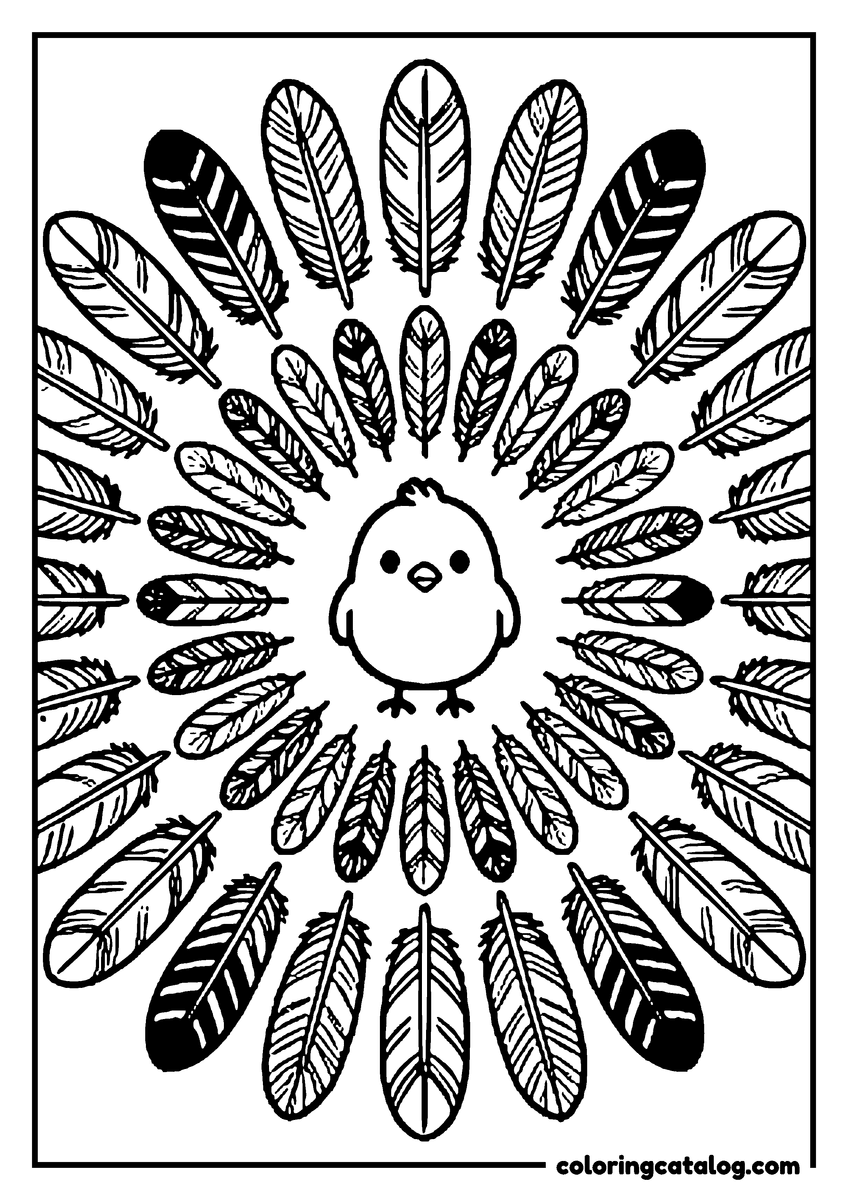 Free Chicken coloring sheet: A chick in the center of a mandala of feathers