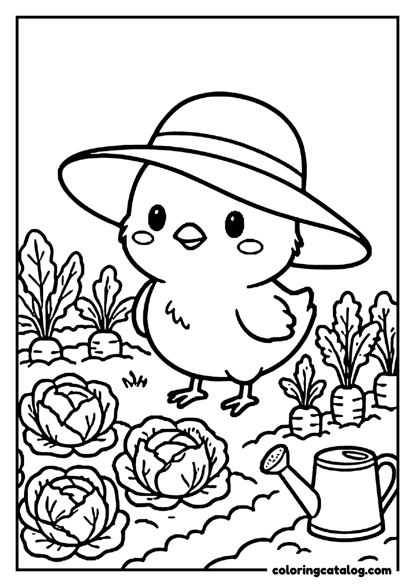 Chicken coloring page: A chick in a big sun hat in a vegetable garden with cabbages and a watering can