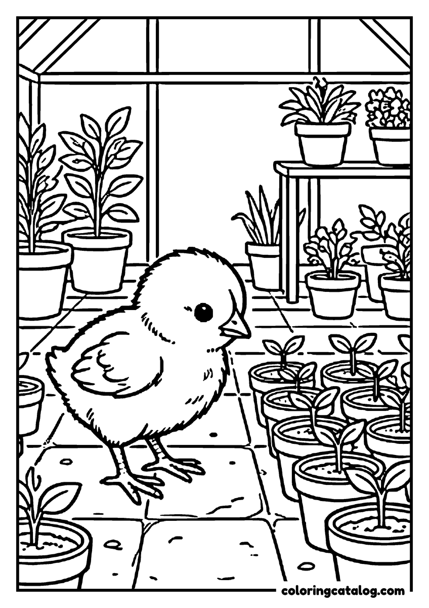 Chicken coloring page: A chick in a greenhouse among pots of seedlings