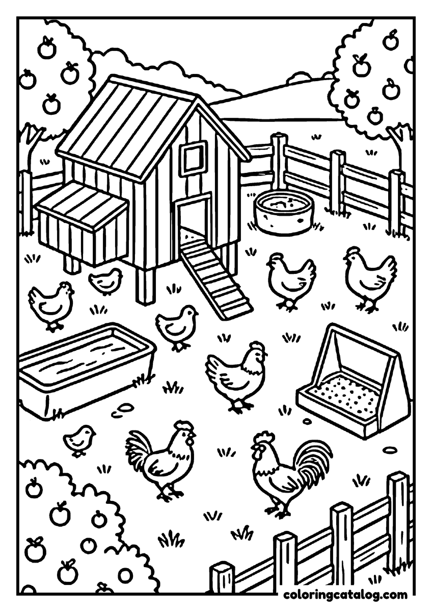 Coloring page: A chicken coop yard with hens, a feeder, a water trough and apple trees