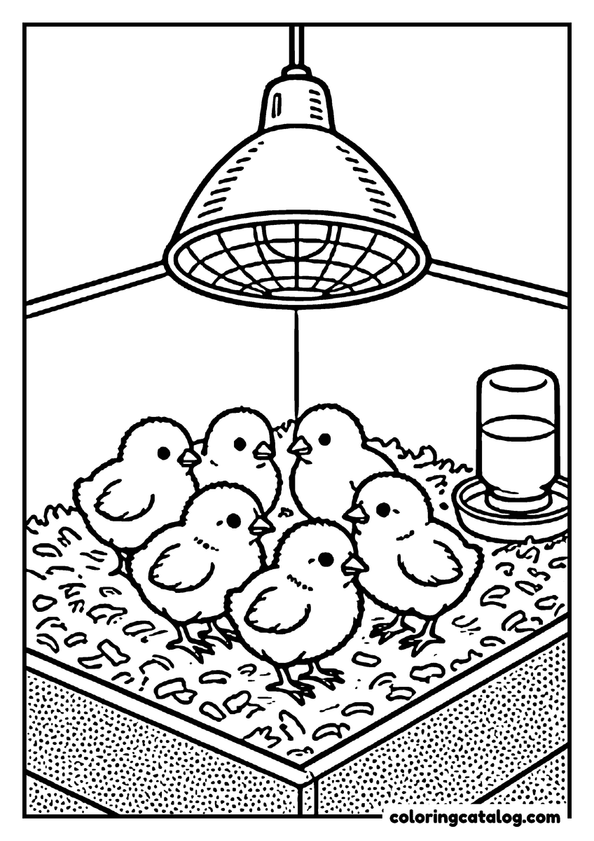 Chicken coloring page: Chicks huddled under a heat lamp in a brooder with a waterer