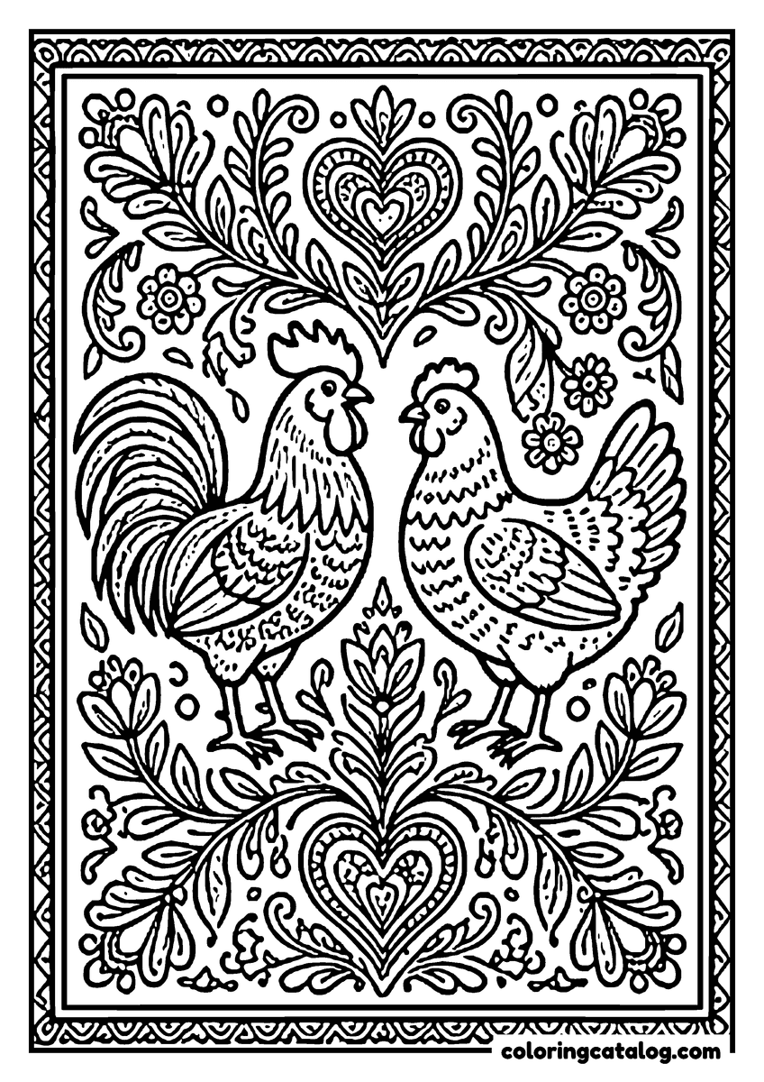 Free Chicken coloring sheet: A folk art rooster and hen facing each other among hearts and flowers