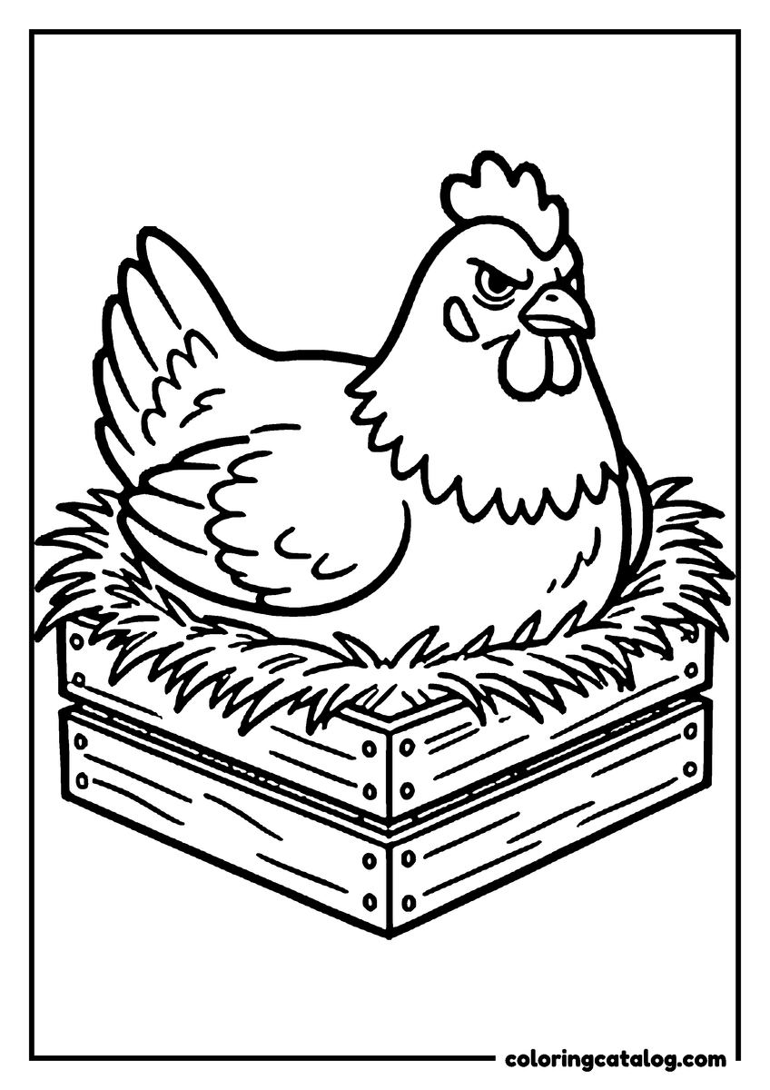 Printable Chicken coloring page: A grumpy hen sitting on a nest box full of straw