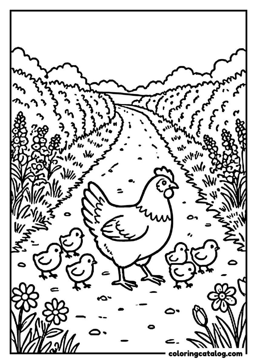 Printable Chicken coloring page: A hen and her chicks walking down a country lane lined with flowers