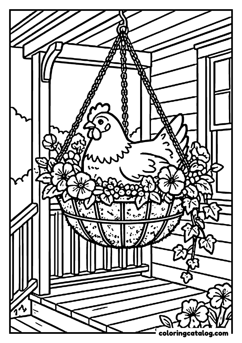 Free Chicken coloring sheet: A hen nesting in a hanging flower basket on a porch