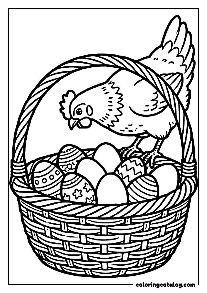 Printable Chicken coloring page: A hen in a wicker basket full of decorated eggs