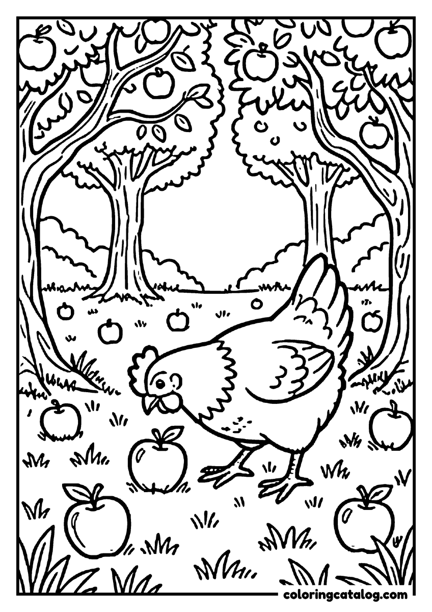 Free Chicken coloring sheet: A hen pecking at fallen apples in an orchard