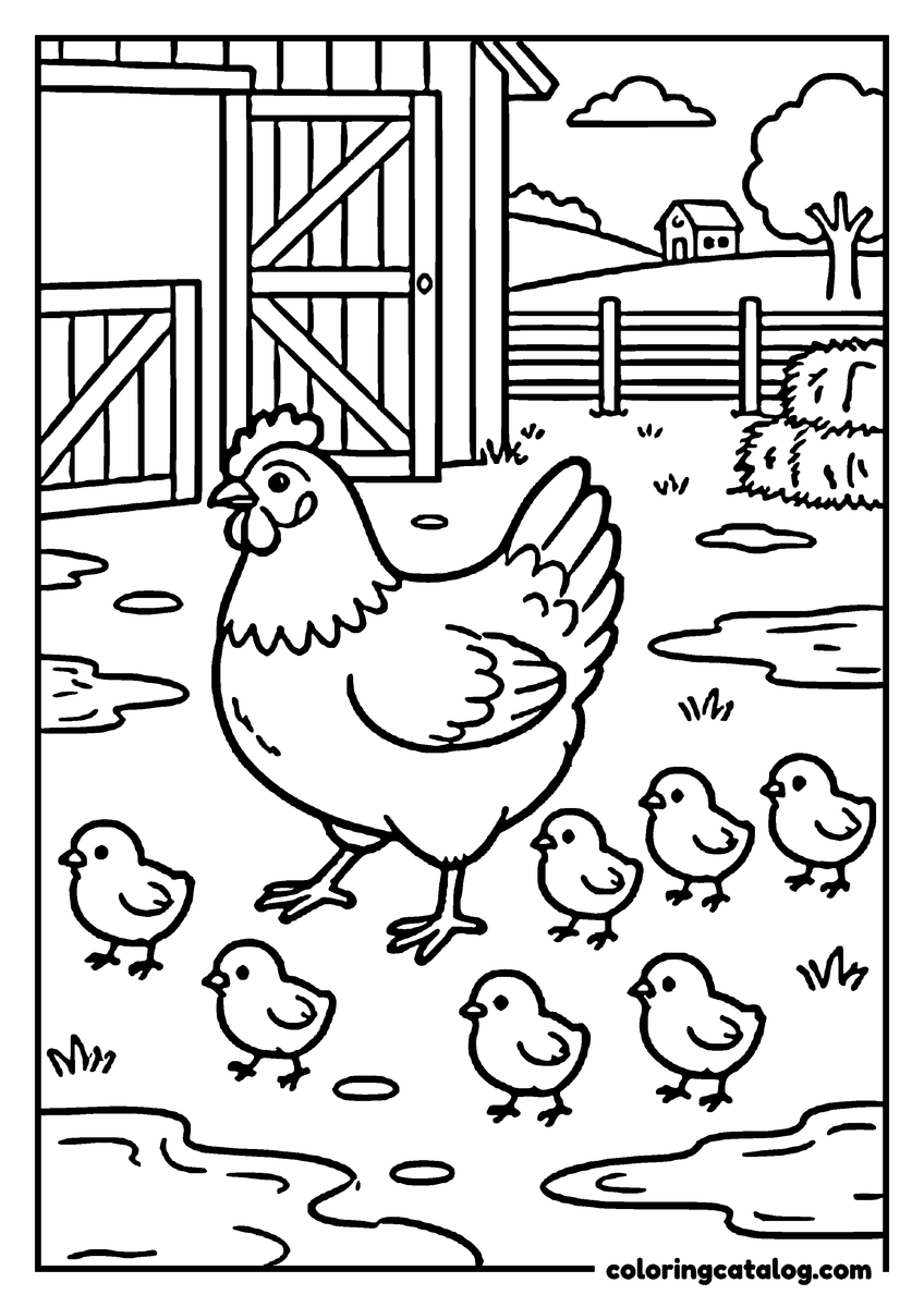 Printable Chicken coloring page: A hen leading her chicks across a farmyard with puddles
