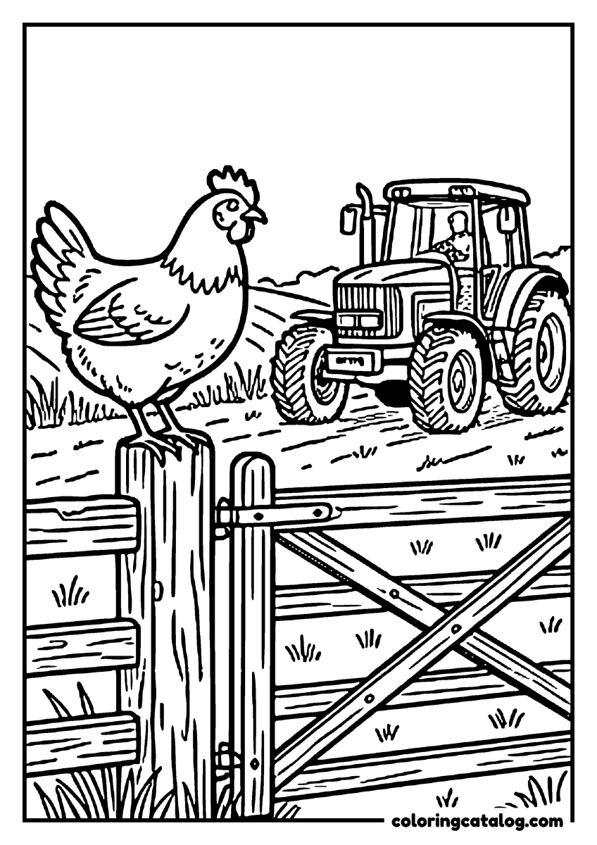 Printable Chicken coloring page: A hen on a gatepost with a tractor working in the field behind