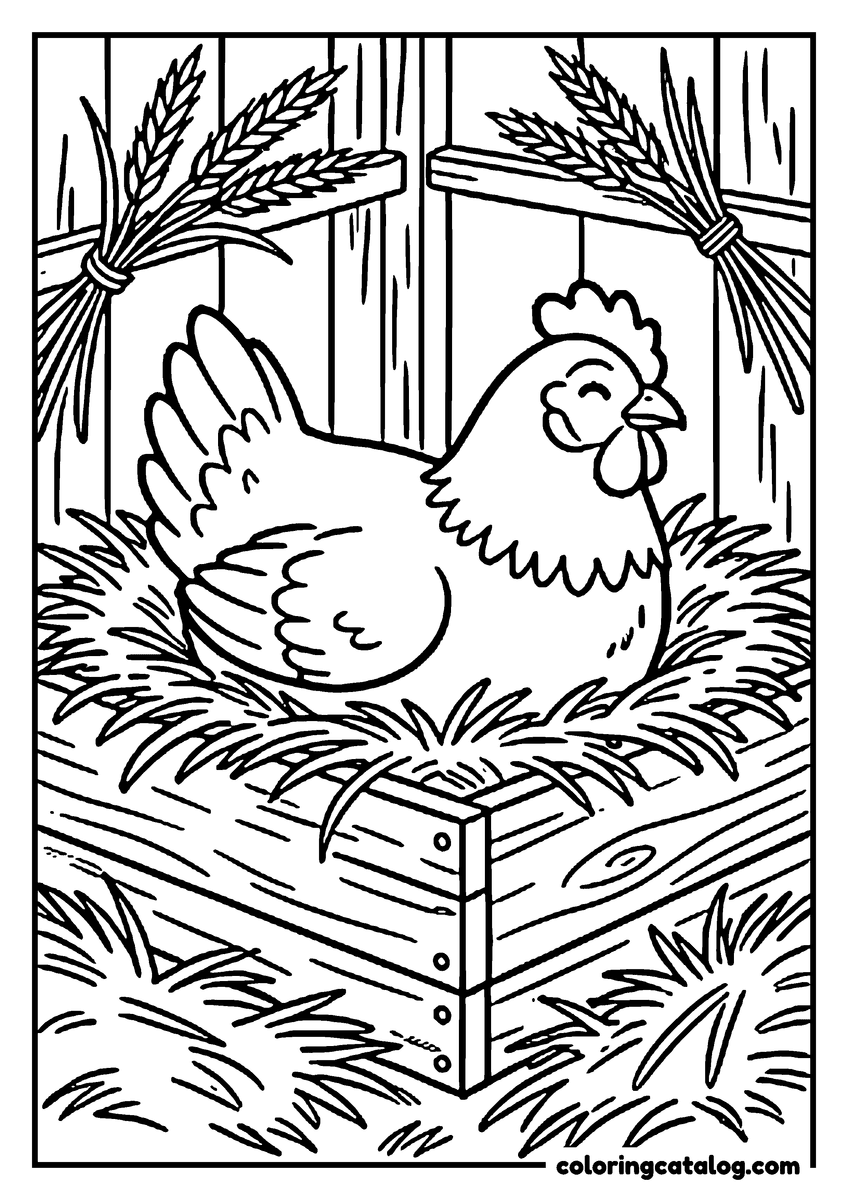 Printable Chicken coloring page: A hen sitting on a straw nest in a wooden box with bundles of wheat