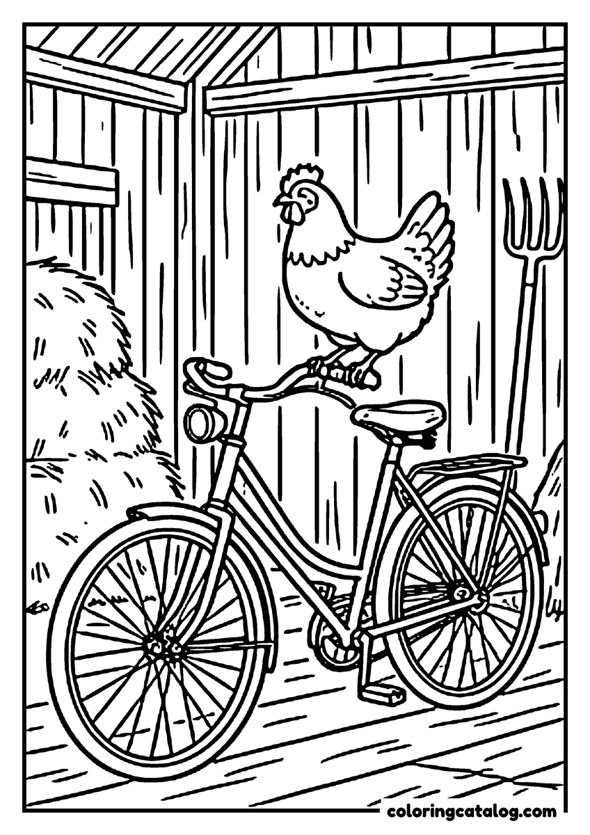 Printable Chicken coloring page: A hen perched on the handlebar of a bicycle in a barn