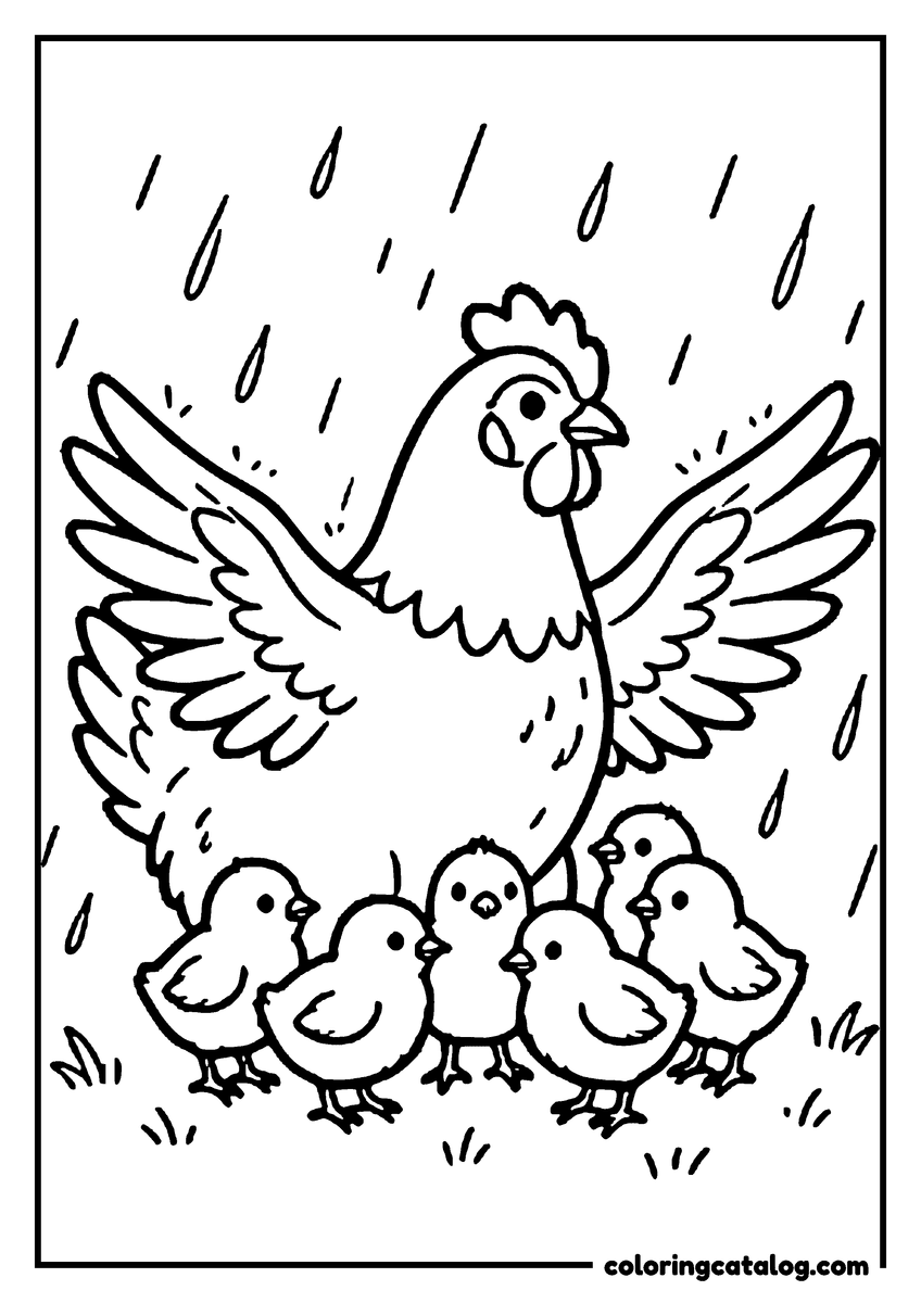 Printable Chicken coloring page: A hen spreading her wings over her chicks in the rain