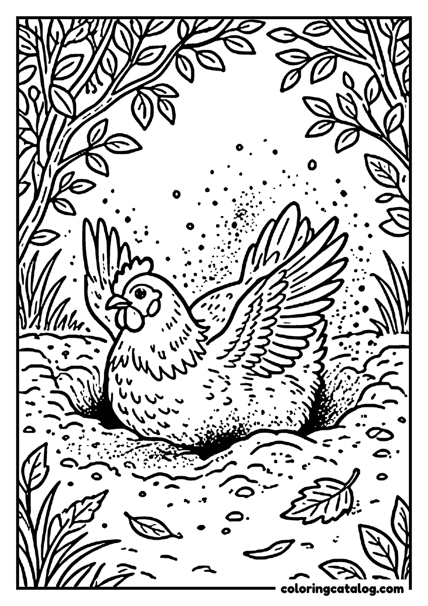 Free Chicken coloring sheet: A hen fluffing her feathers in a dust bath