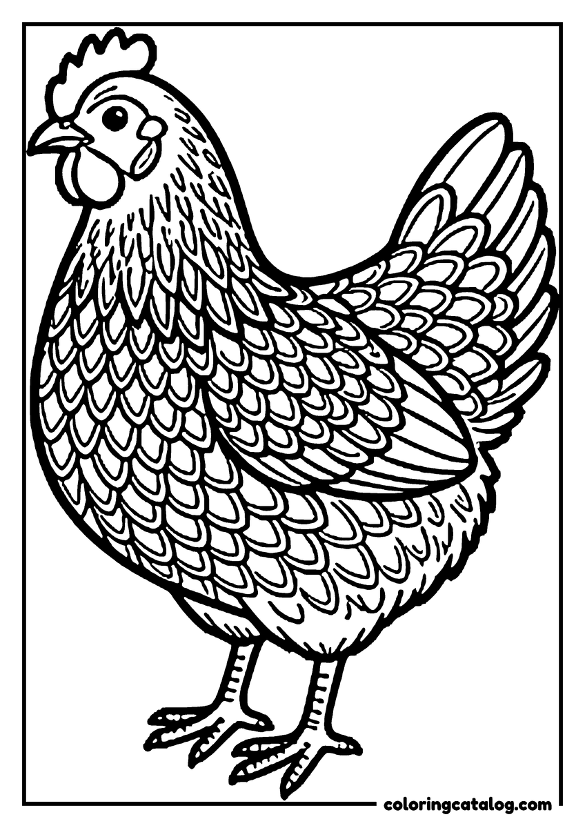 Free Chicken coloring sheet: A standing hen drawn with detailed patterned feathers