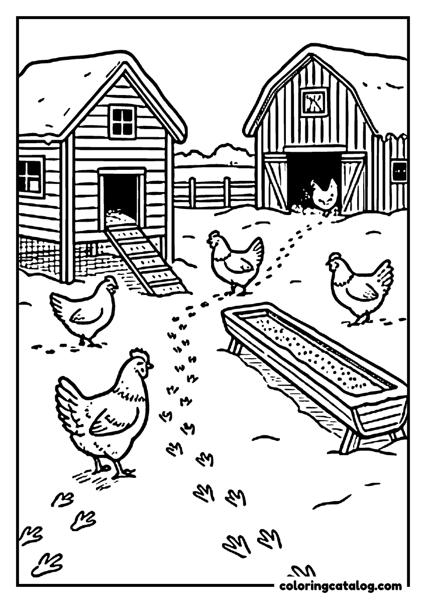 Chicken coloring page: Hens crossing a snowy farmyard between the coop and the barn