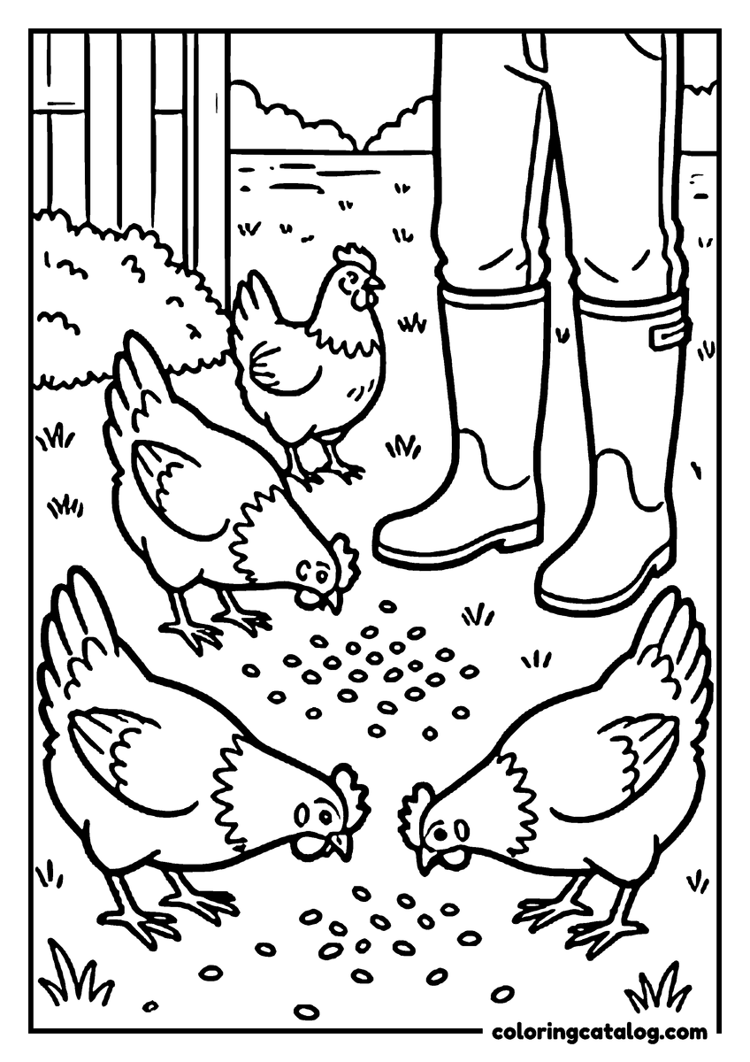 Printable Chicken coloring page: Hens pecking scattered grain beside a farmer's rubber boots