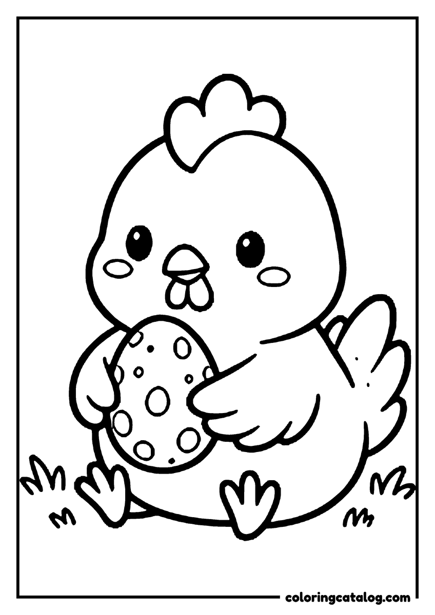 Chicken coloring page: A cute round chick hugging a spotted egg