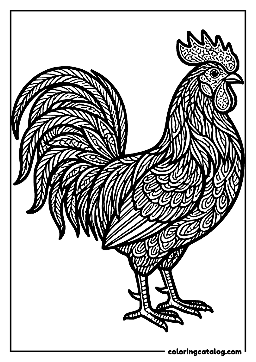 Chicken coloring page: A rooster drawn with ornate feathers and a long curved tail