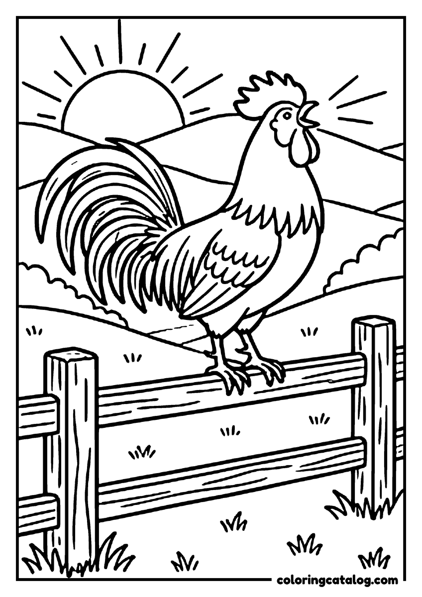 Printable Chicken coloring page: A rooster crowing on a wooden fence as the sun rises over the hills